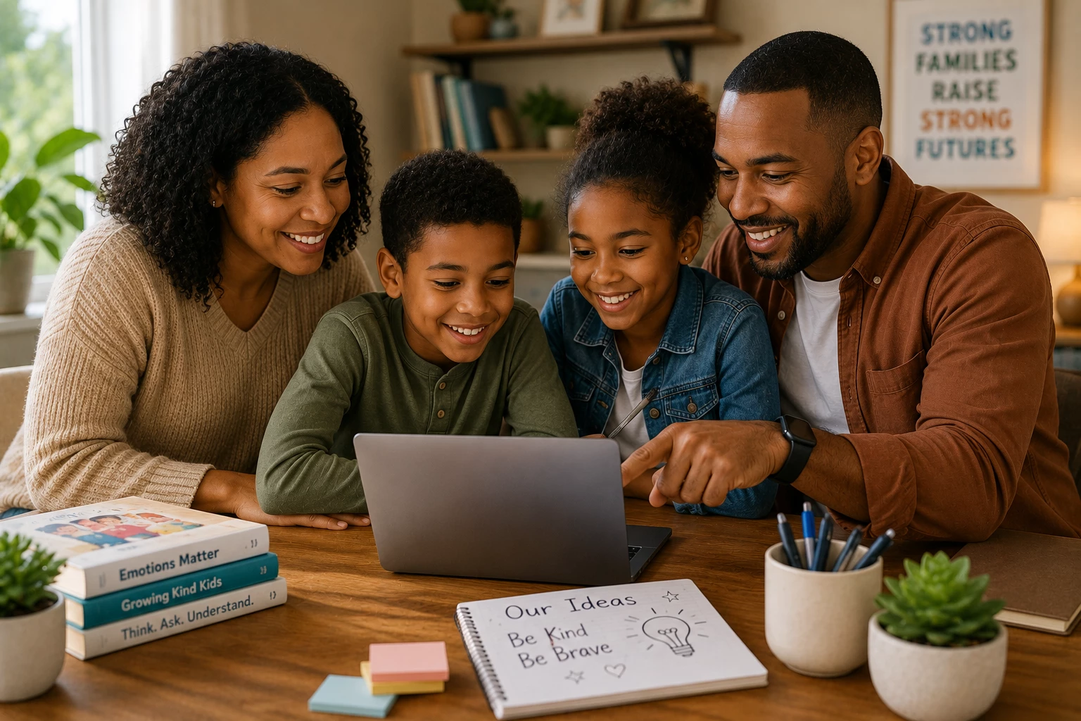Family using books, creativity, and technology together