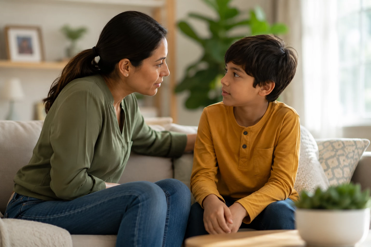 Parent and child having a thoughtful conversation