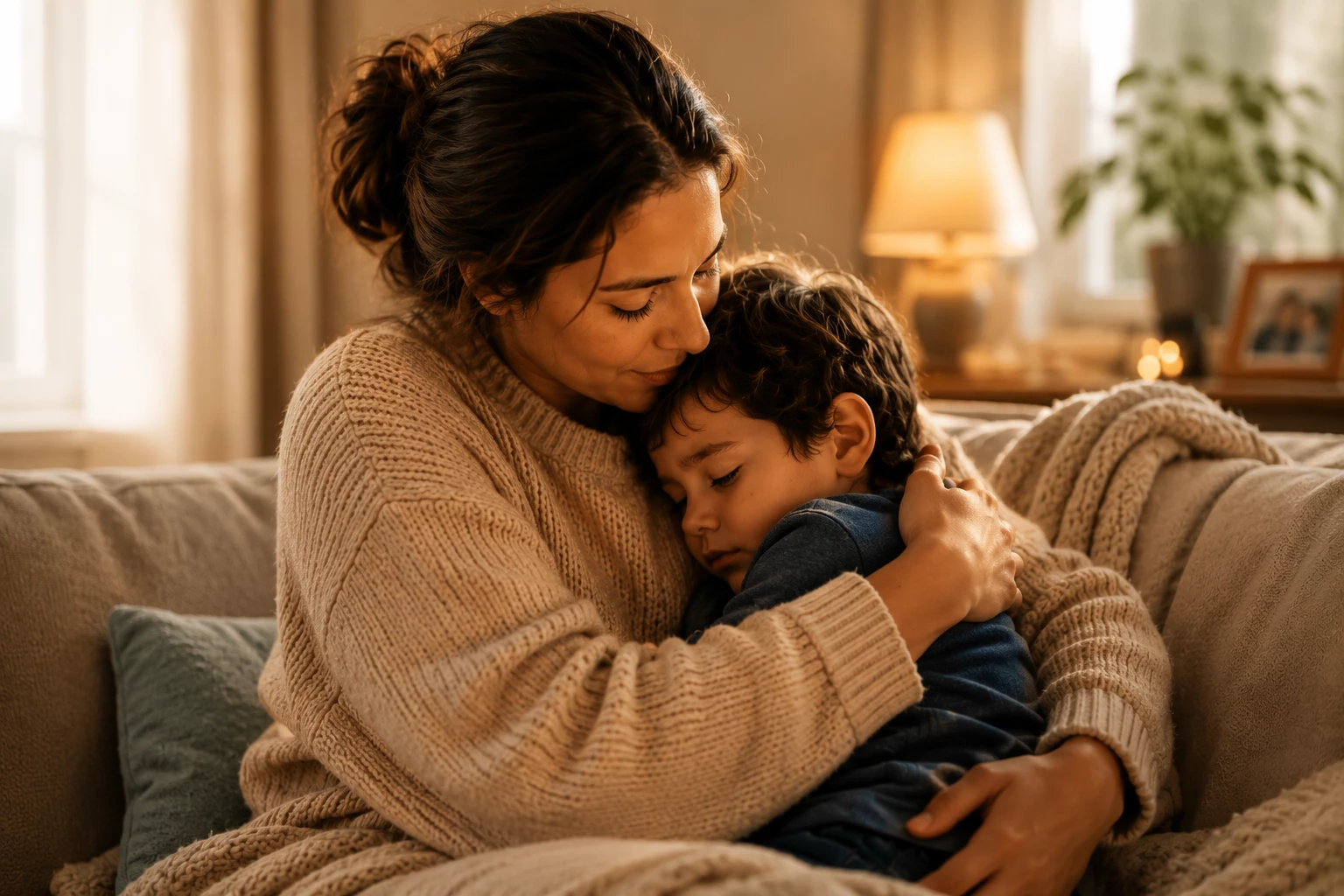 Parent comforting and listening to a child