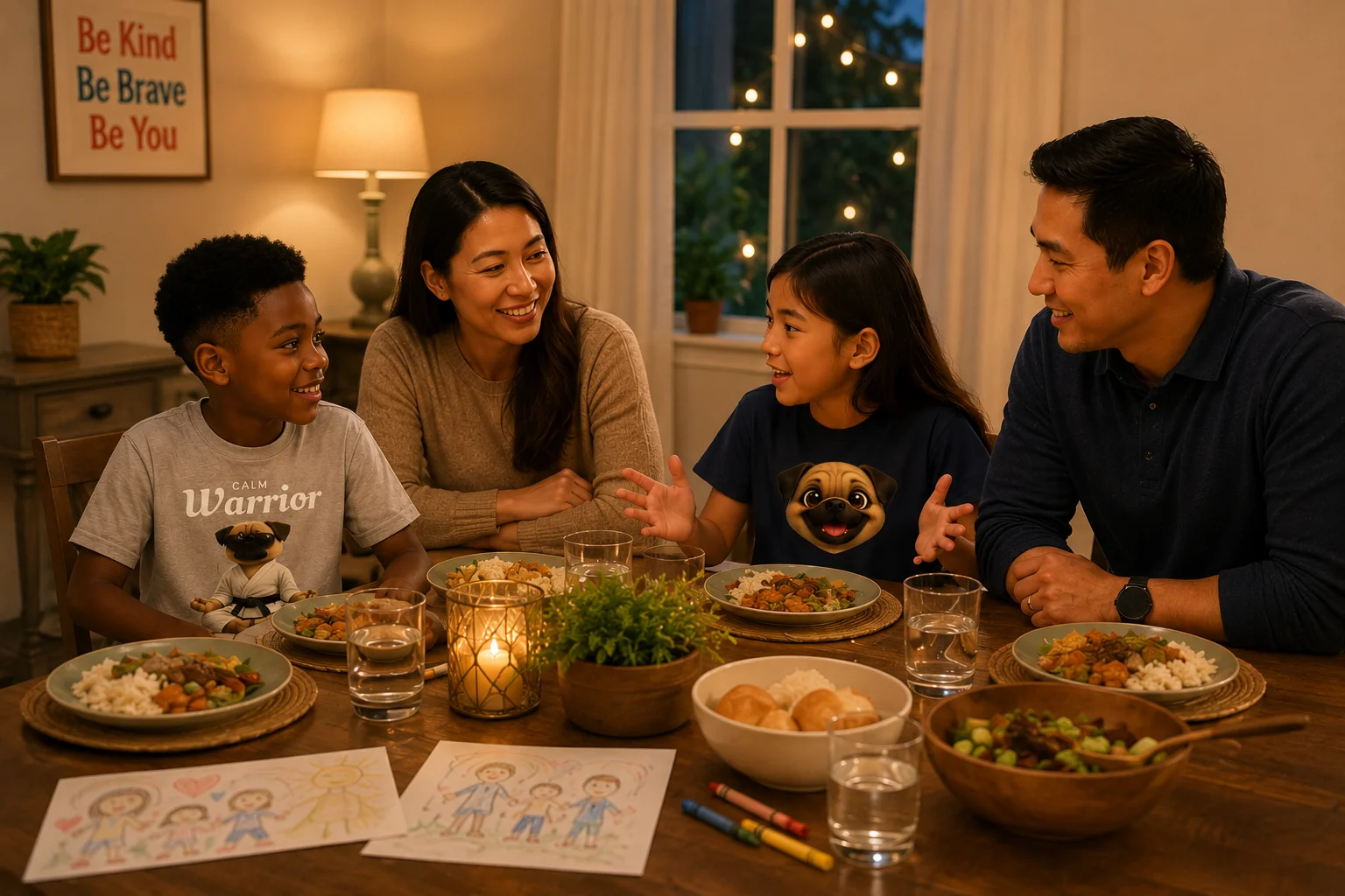 Families from different backgrounds sharing a meaningful conversation around the dinner table