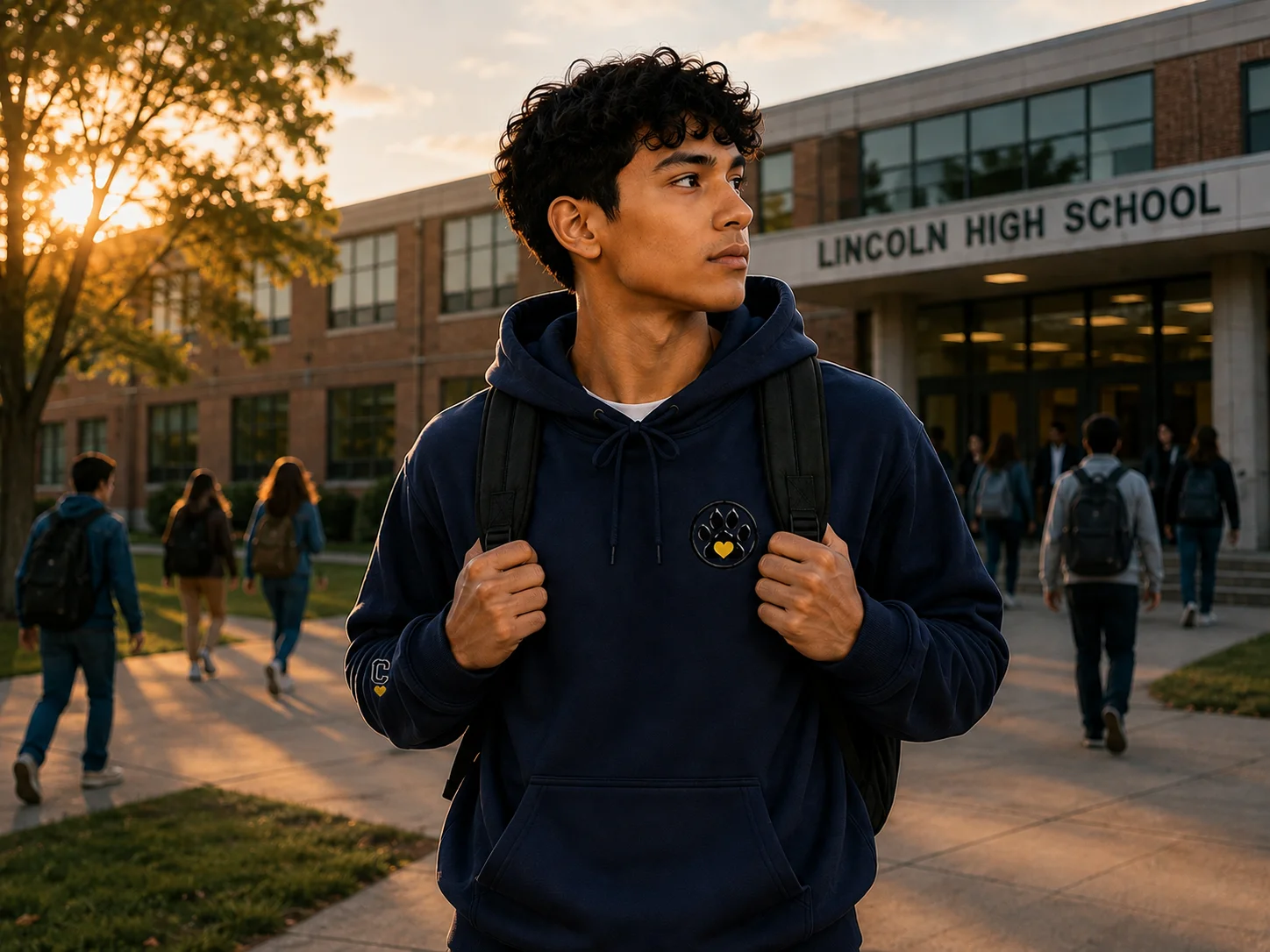 Teen student wearing Calm Warrior Courage apparel outside a school, preparing to face the day