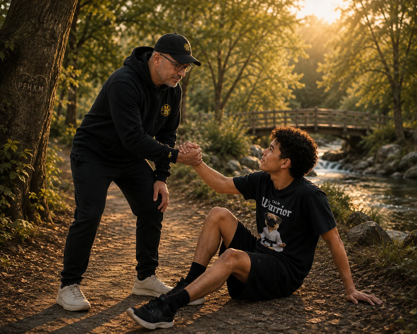 Older Calm Warrior helping a teenager rise beside a woodland stream, representing shared strength and support
