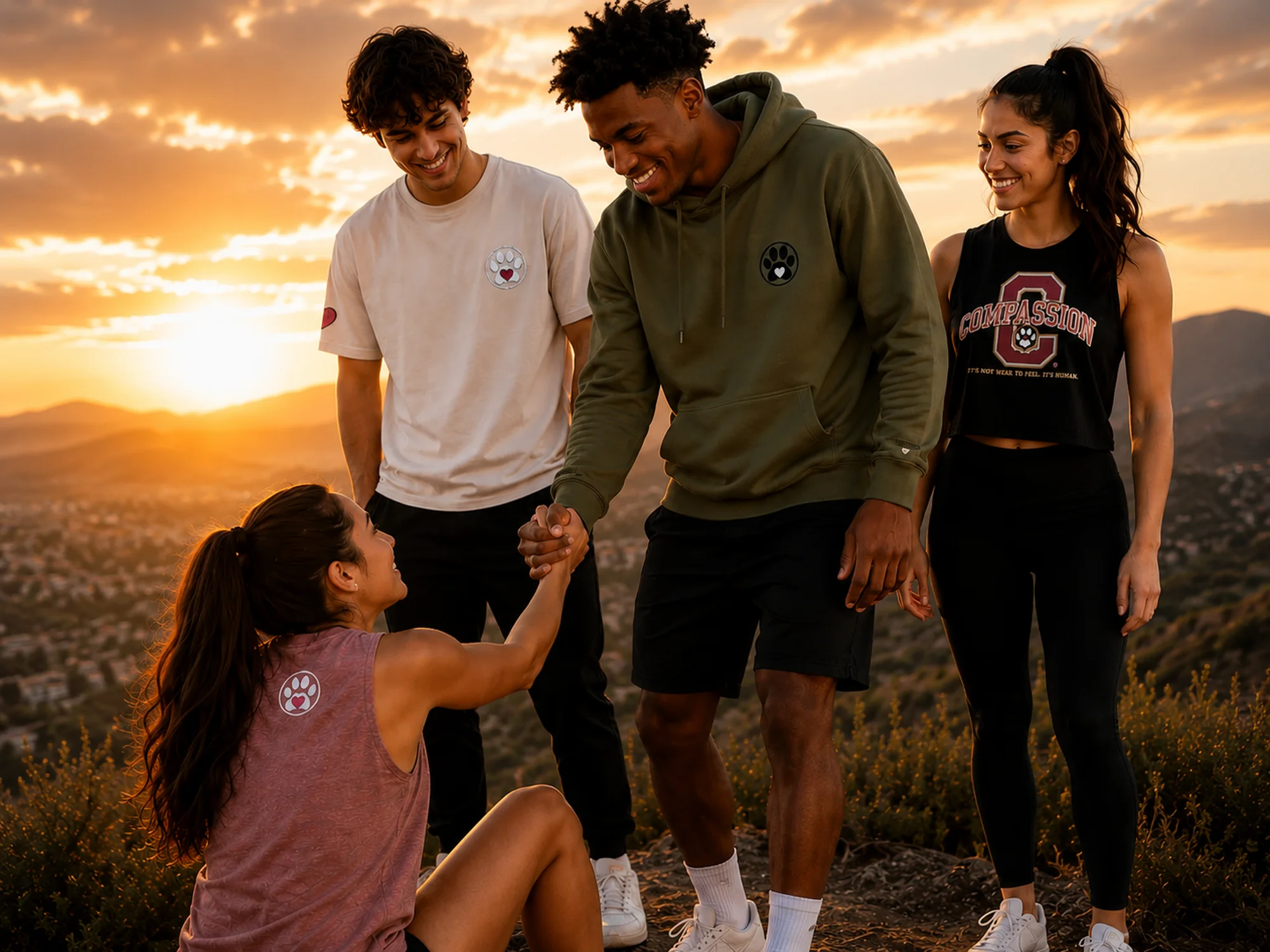 Calm Warrior friends supporting one another while wearing Calm Warrior apparel
