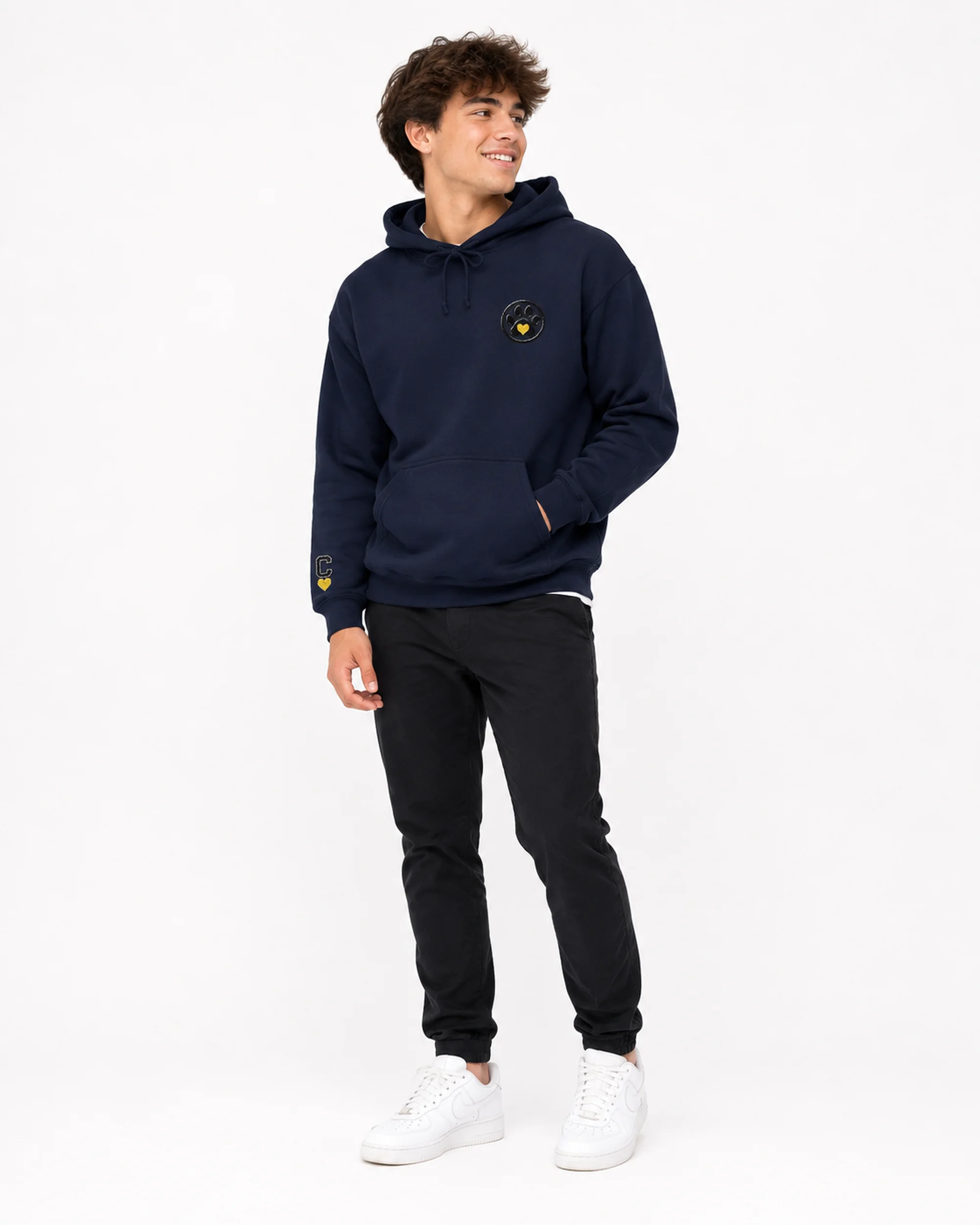 Young adult wearing Calm Warrior apparel in a clean studio setting
