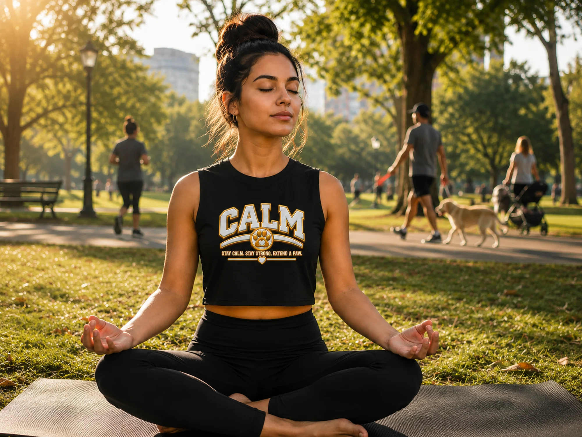 Woman wearing Calm Warrior Calm apparel practicing yoga in a community park