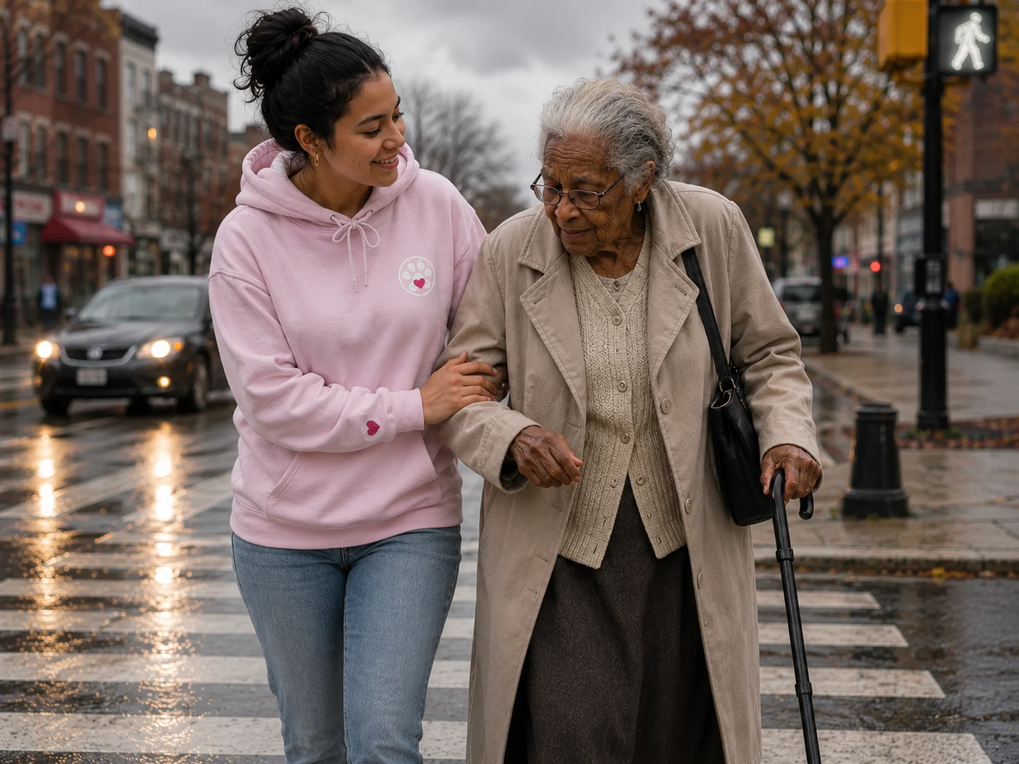 Woman wearing Calm Warrior Compassion apparel helping an older woman safely cross the street