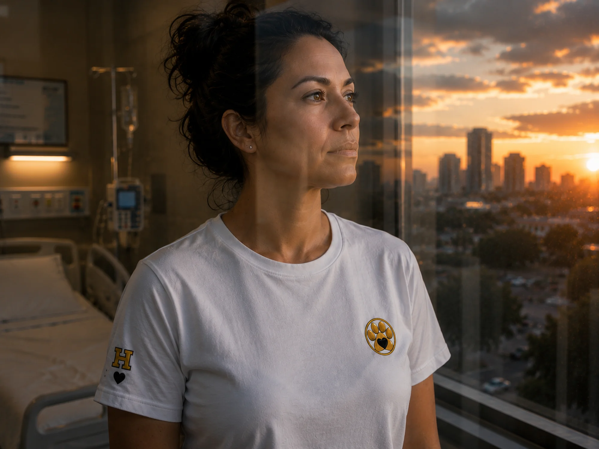 Woman wearing Calm Warrior Hope apparel looking through a hospital window toward the light outside