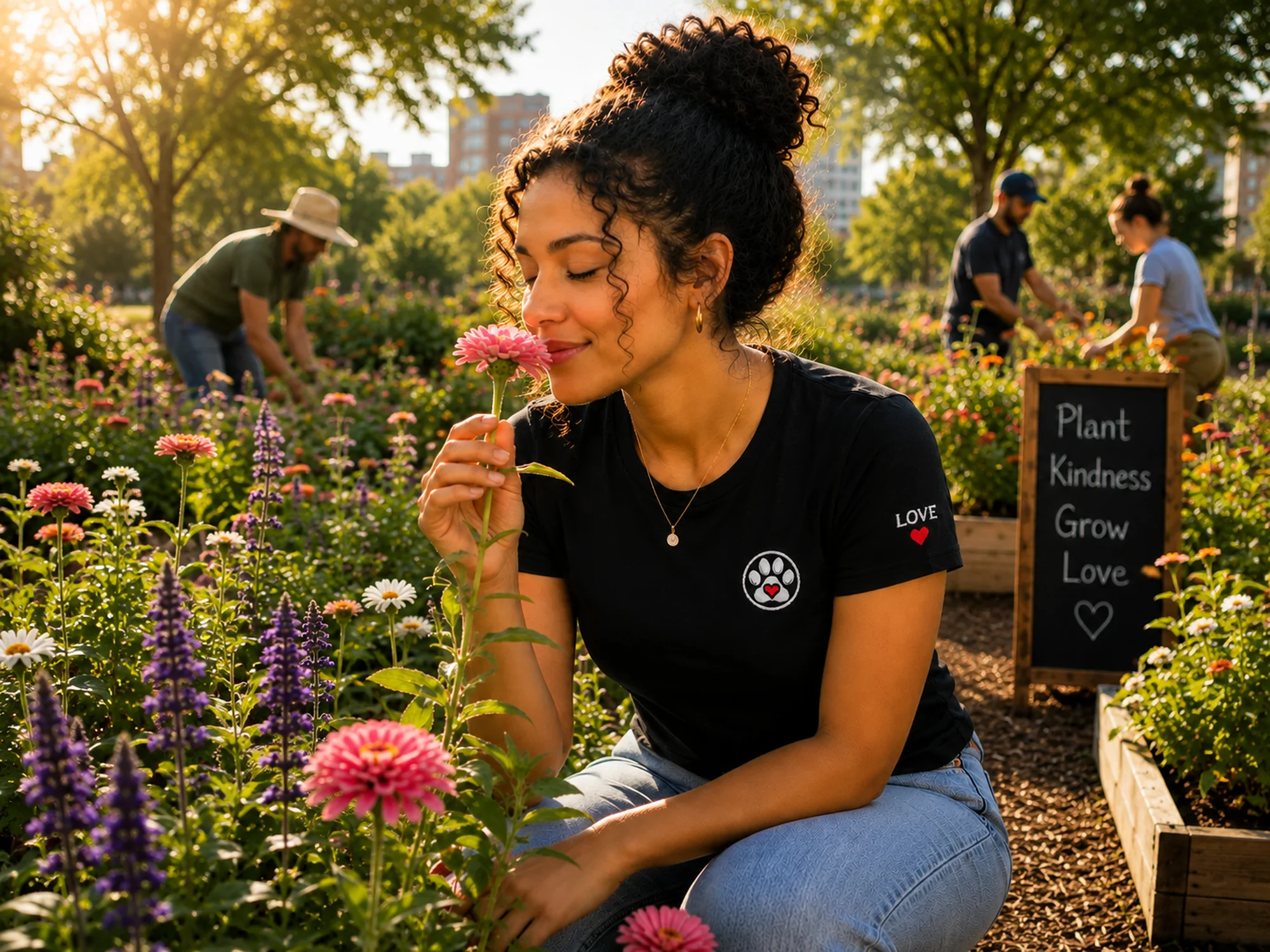 Young woman wearing Calm Warrior Love apparel appreciating flowers in a community garden