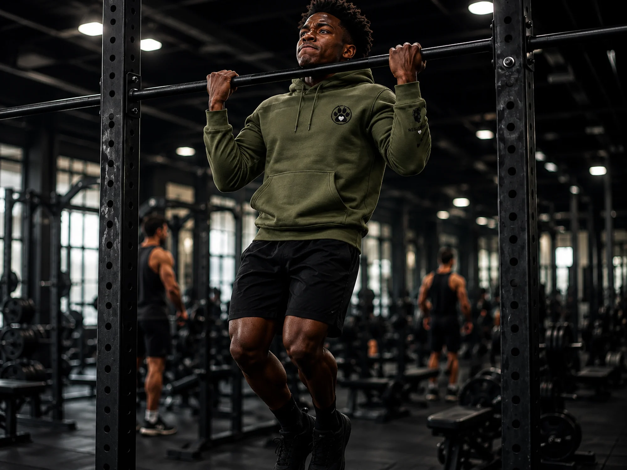 Young athlete wearing Calm Warrior Resilience apparel pushing through a difficult pull-up in the gym