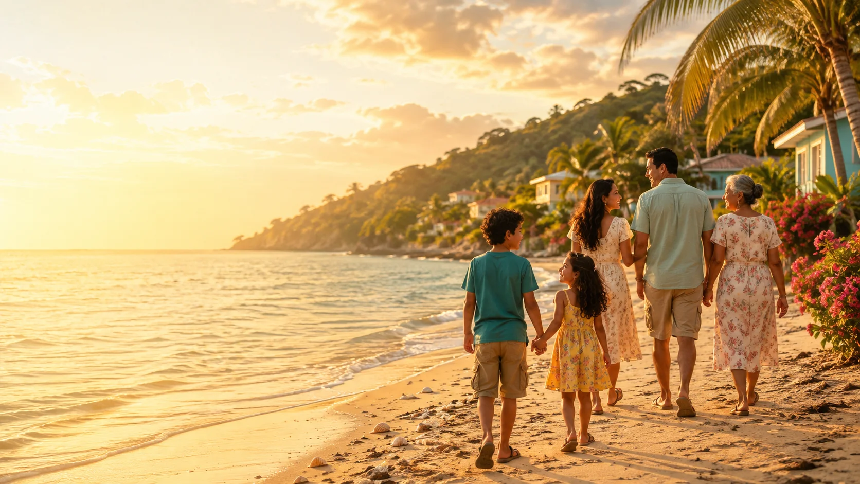 Amaru, his little sister, their parents, and grandmother walking together along a peaceful Caribbean shoreline at sunset, symbolizing family, love, hope, and a journey that continues.