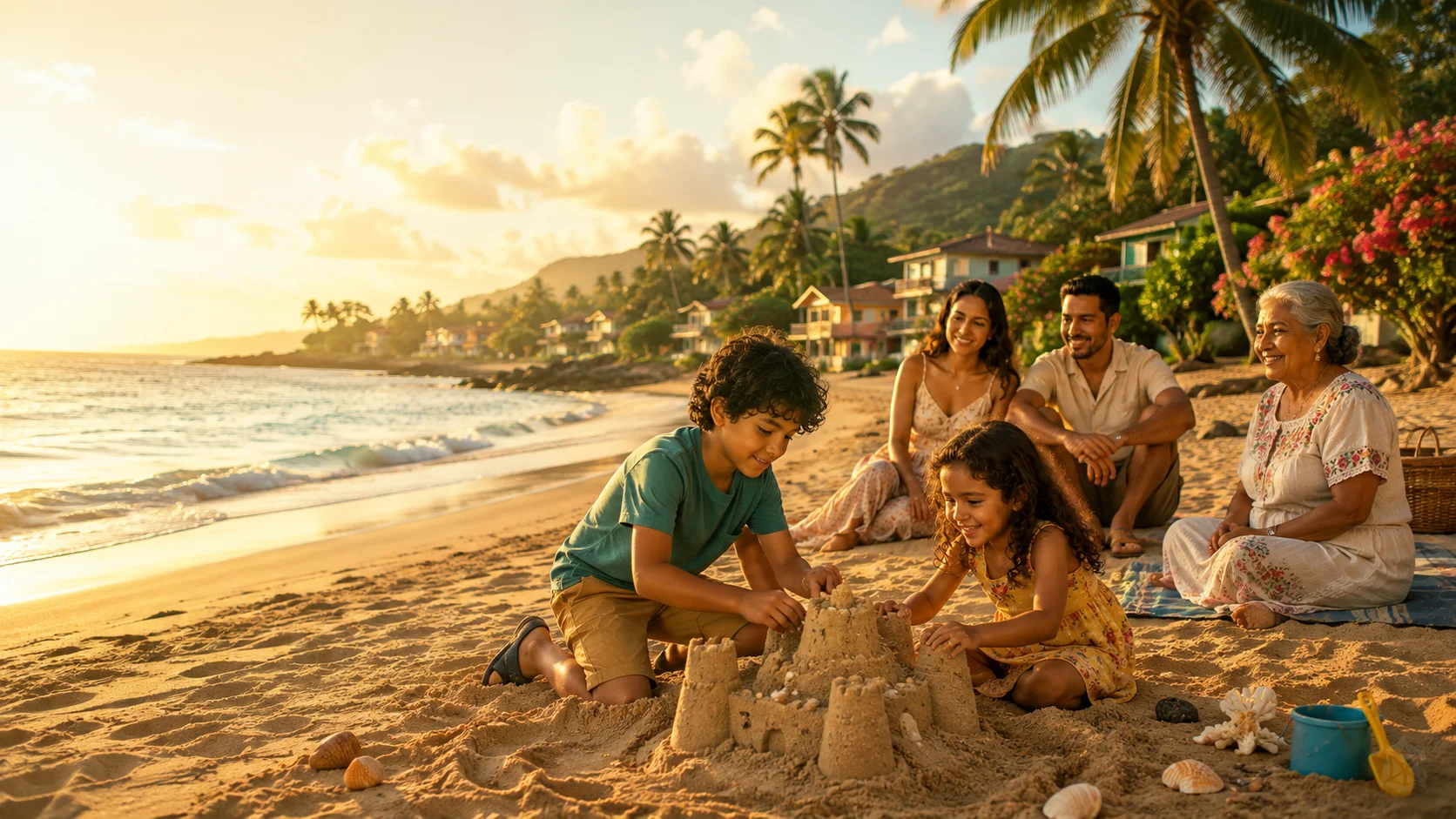 Amaru and his little sister building a sandcastle together while their parents and grandmother enjoy a peaceful family afternoon along a tropical shoreline.