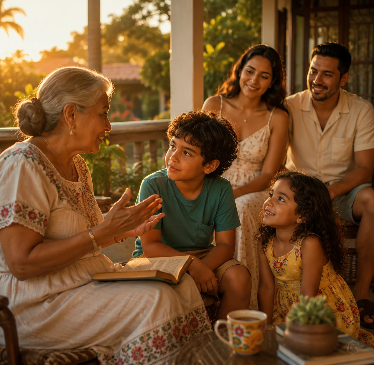 Amaru and his little sister listening closely as their grandmother shares a family story while their parents watch with warmth and pride.