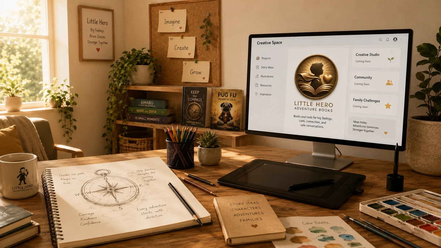 A warm Little Hero creative studio showing a compass sketch, books, creative tools, and a future digital Creative Space