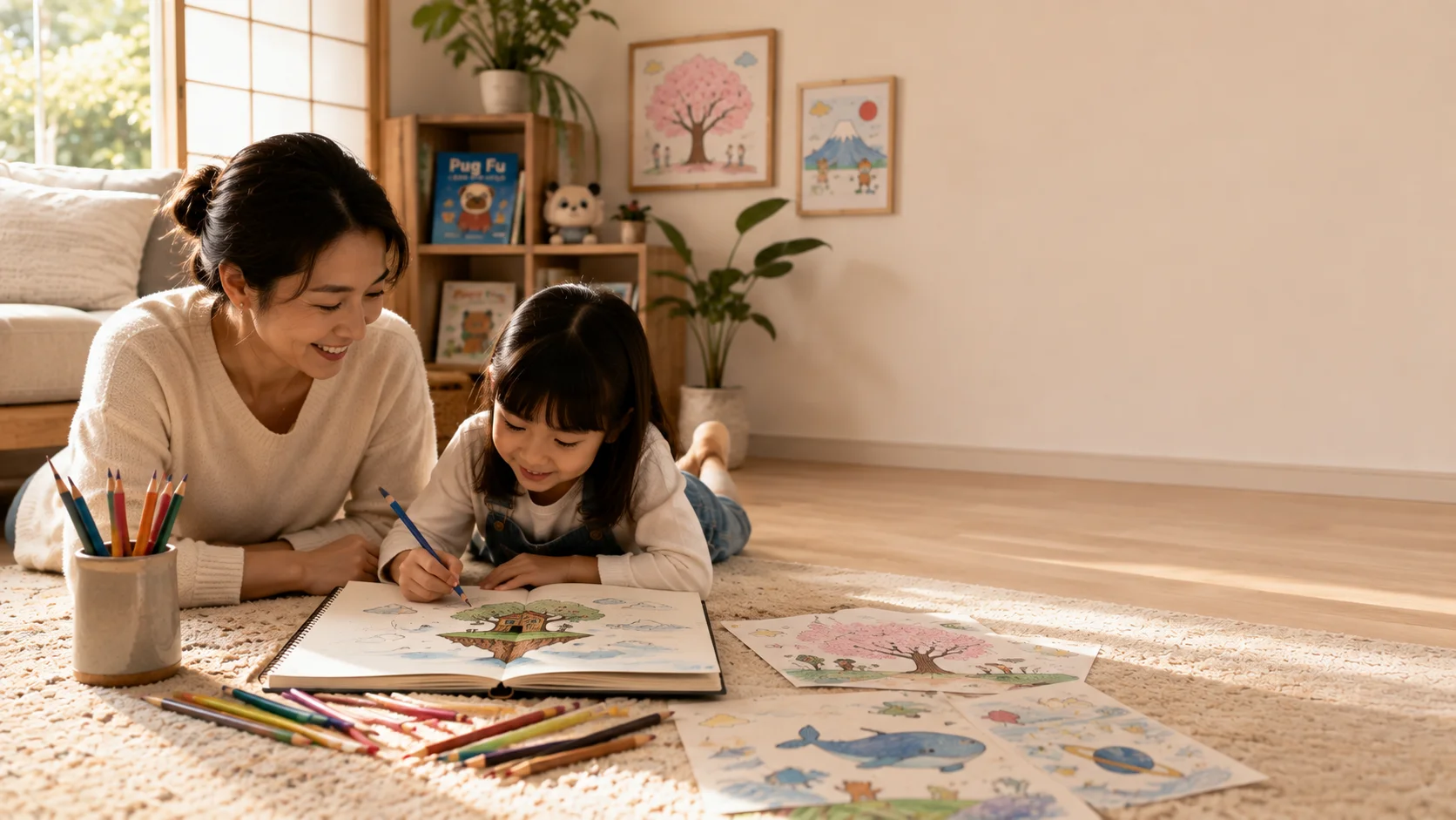 Parent and child exploring imagination and creativity together on the living room floor