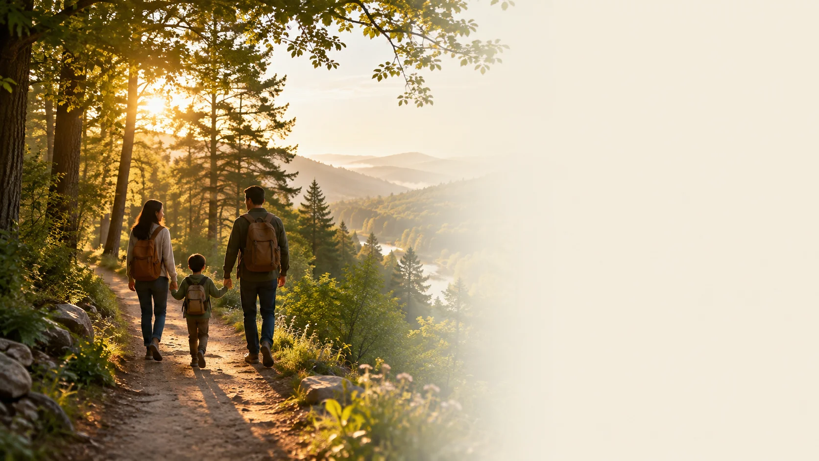 A family walking together along a peaceful forest path in warm morning sunlight