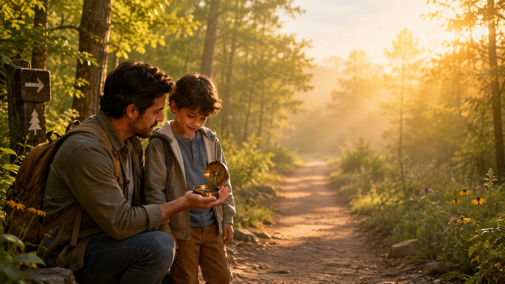 A parent teaching a child how to use a brass compass at the beginning of a peaceful trail