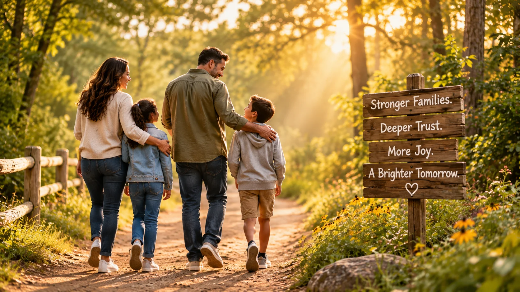 A joyful family walking together toward the sunset, representing trust, unity, and stronger family connection
