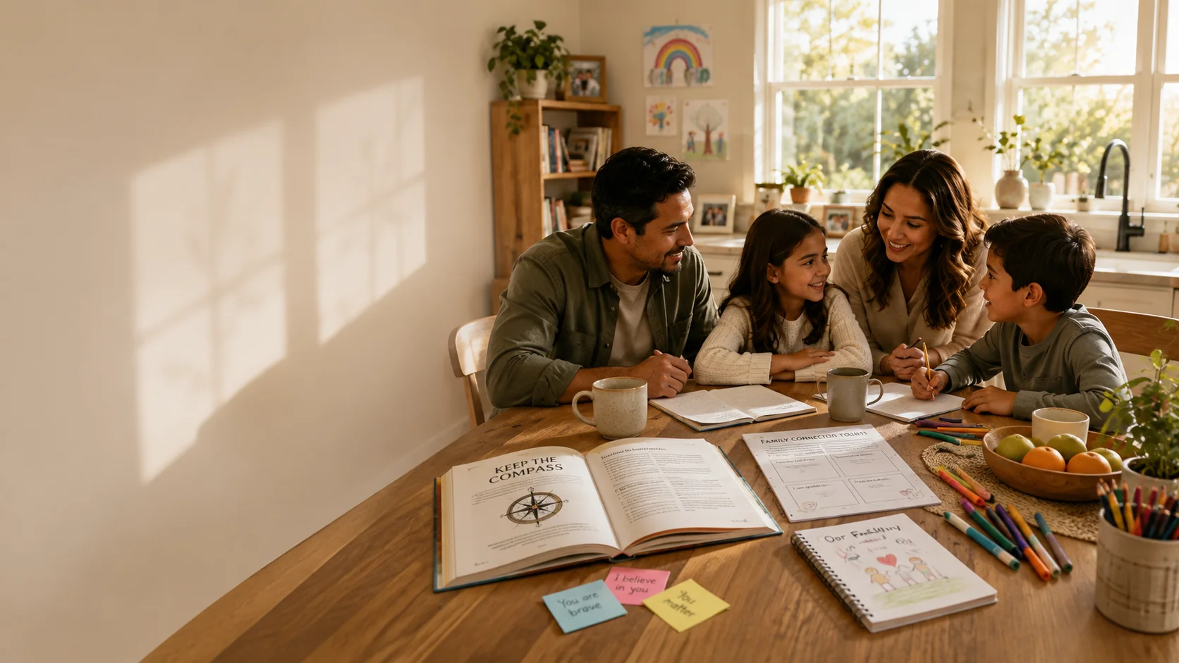 A family using a parenting guide and family toolkit while sharing a meaningful conversation around the kitchen table