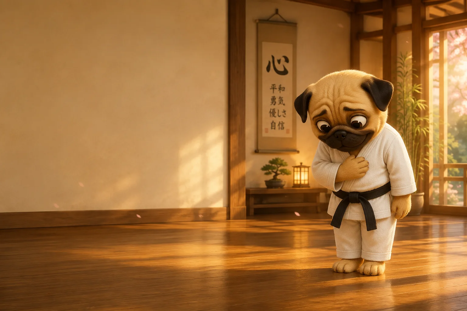 Pug Fu bowing respectfully inside a peaceful dojo