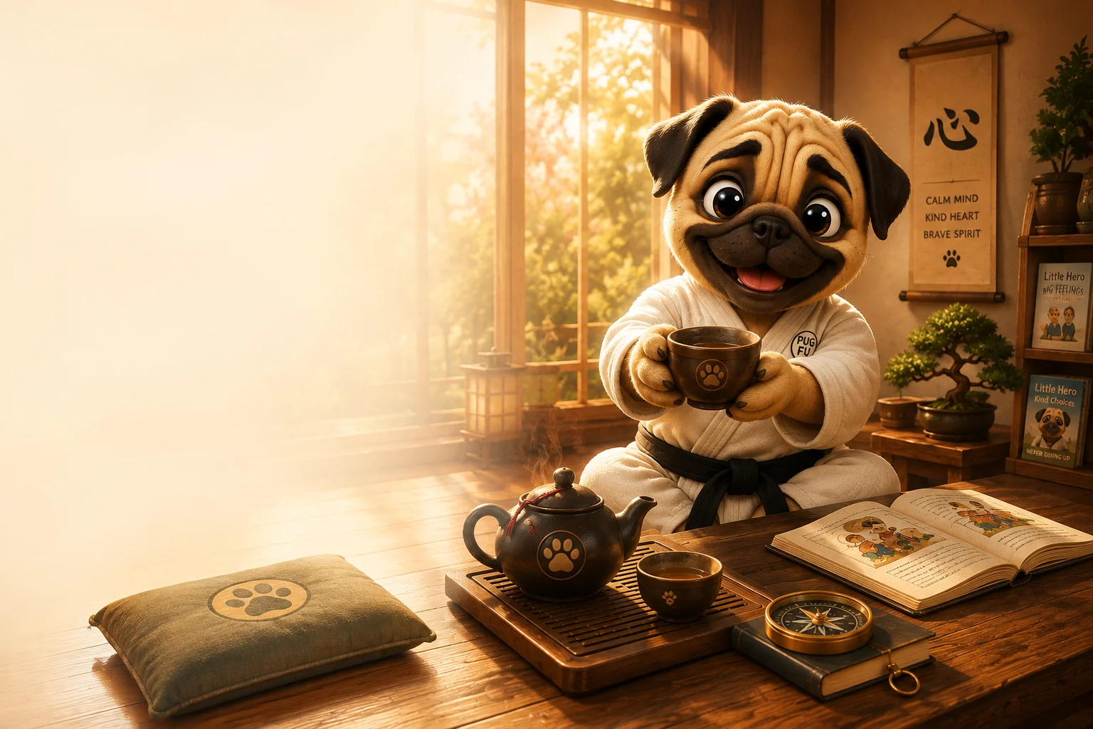 Pug Fu warmly offering a cup of tea and inviting families to continue the conversation