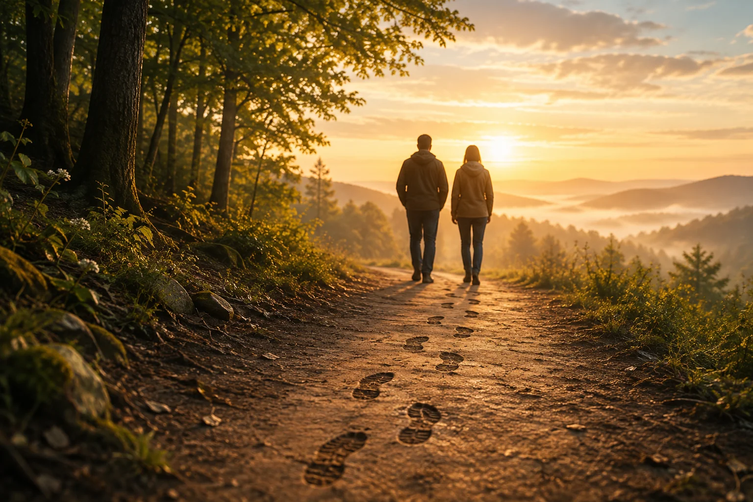 Two people walking together along a peaceful forest trail toward warm morning light