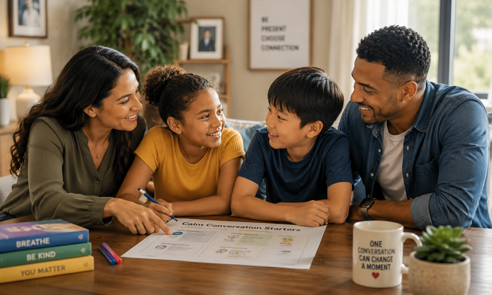 Family using a printable resource together during a calm conversation